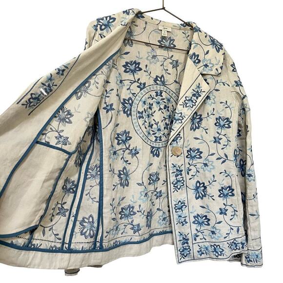J. Jill Linen Floral Embroidered Jacket Size S Tall‎ Blue Star Boho - Picture 3 of 8